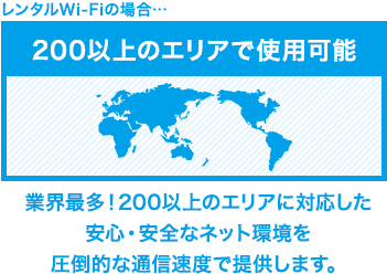 レンタルWi-Fiの場合…200以上のエリアで使用可能 業界最多！200以上のエリアに対応した安心・安全なネット環境を圧倒的な通信速度で提供します。